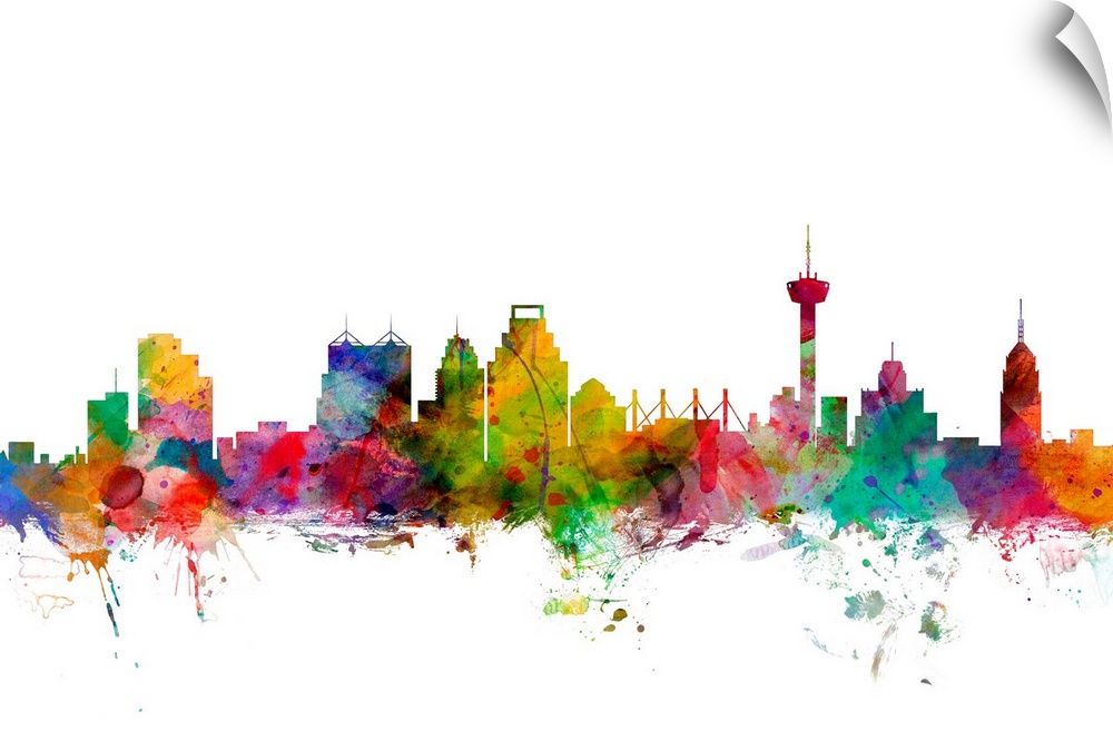 Watercolor artwork of the San Antonio skyline against a white background.