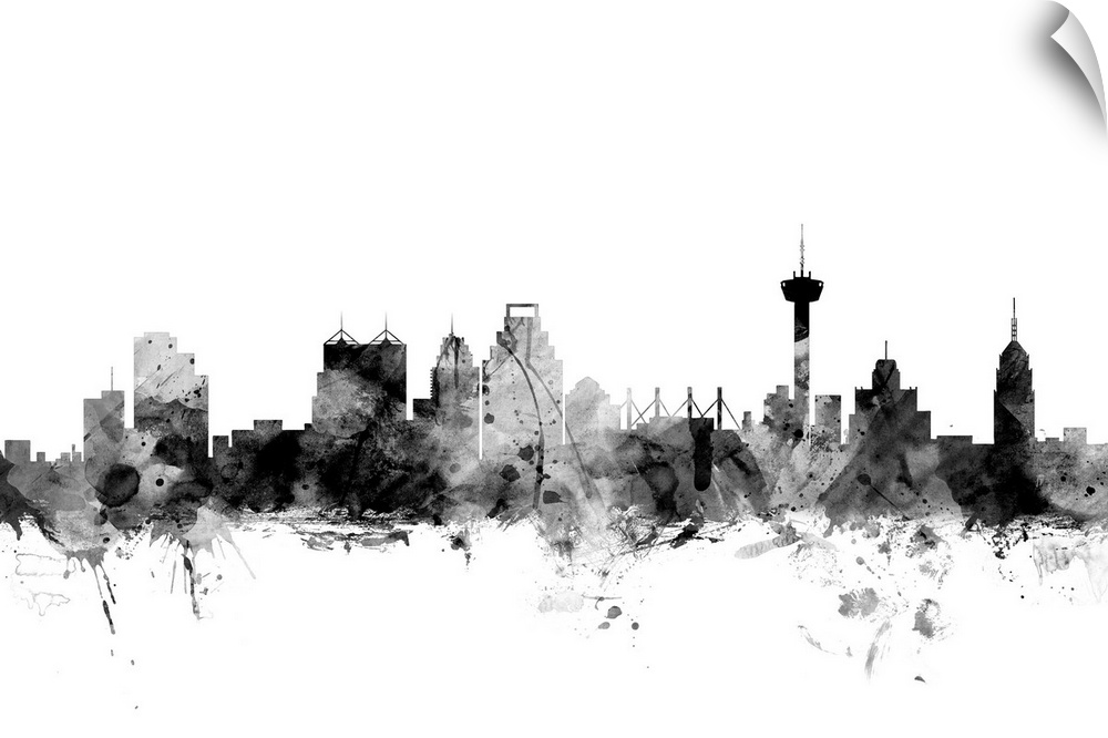 Contemporary artwork of the San Antonio city skyline in black watercolor paint splashes.