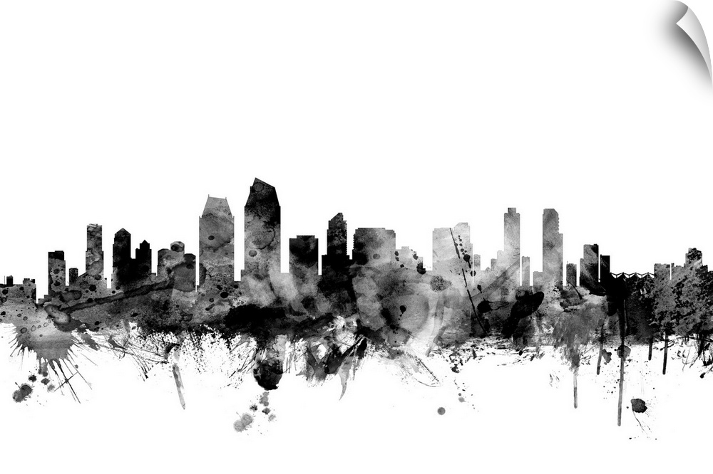 Contemporary artwork of the San Diego city skyline in black watercolor paint splashes.