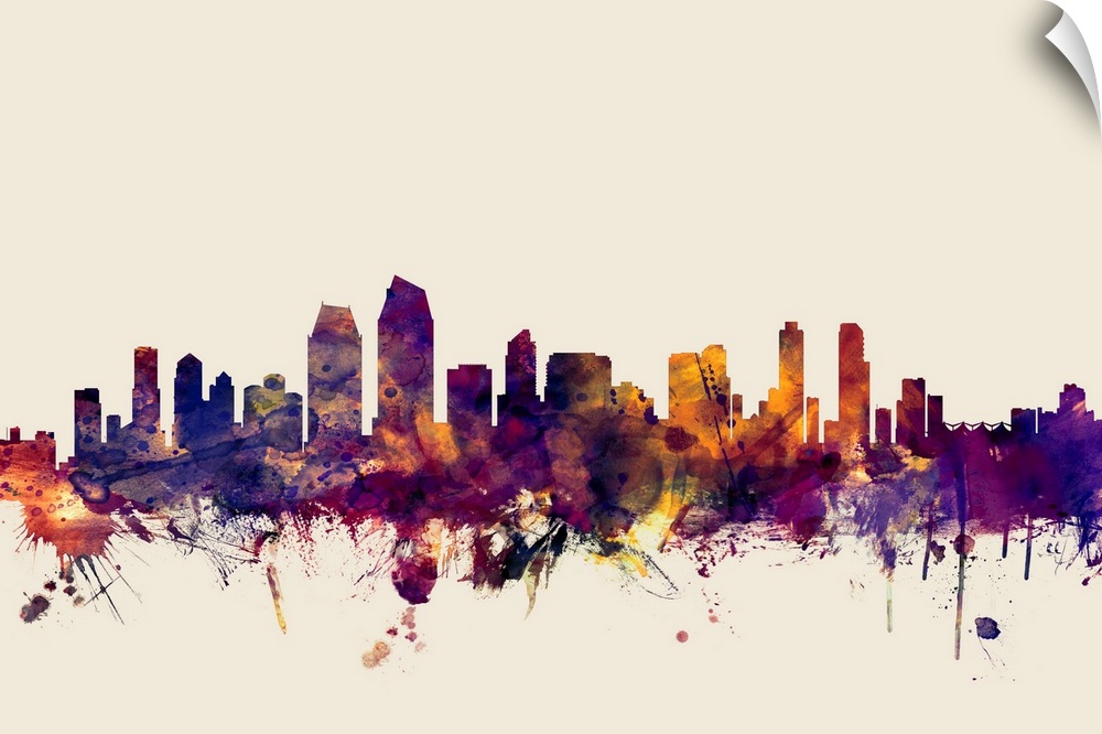 Watercolor art print of the skyline of San Diego, California, United States.