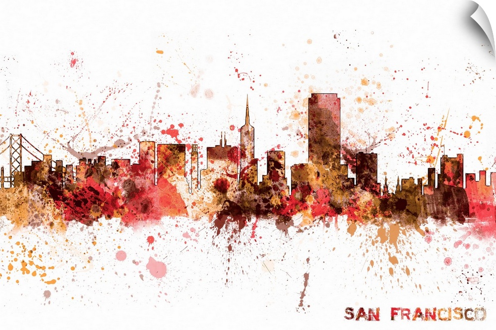 Contemporary piece of artwork of the San Francisco skyline made of colorful paint splashes.