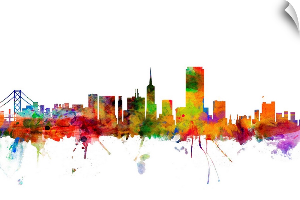 Watercolor artwork of the San Francisco skyline against a white background.