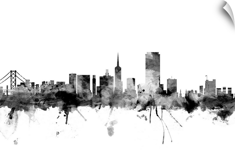 Contemporary artwork of the San Francisco city skyline in black watercolor paint splashes.