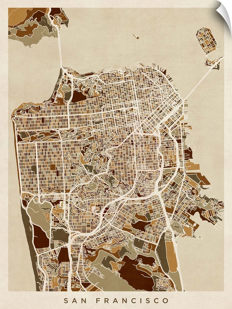 Contemporary artwork of a map of the city streets of San Francisco in dark brown tones.