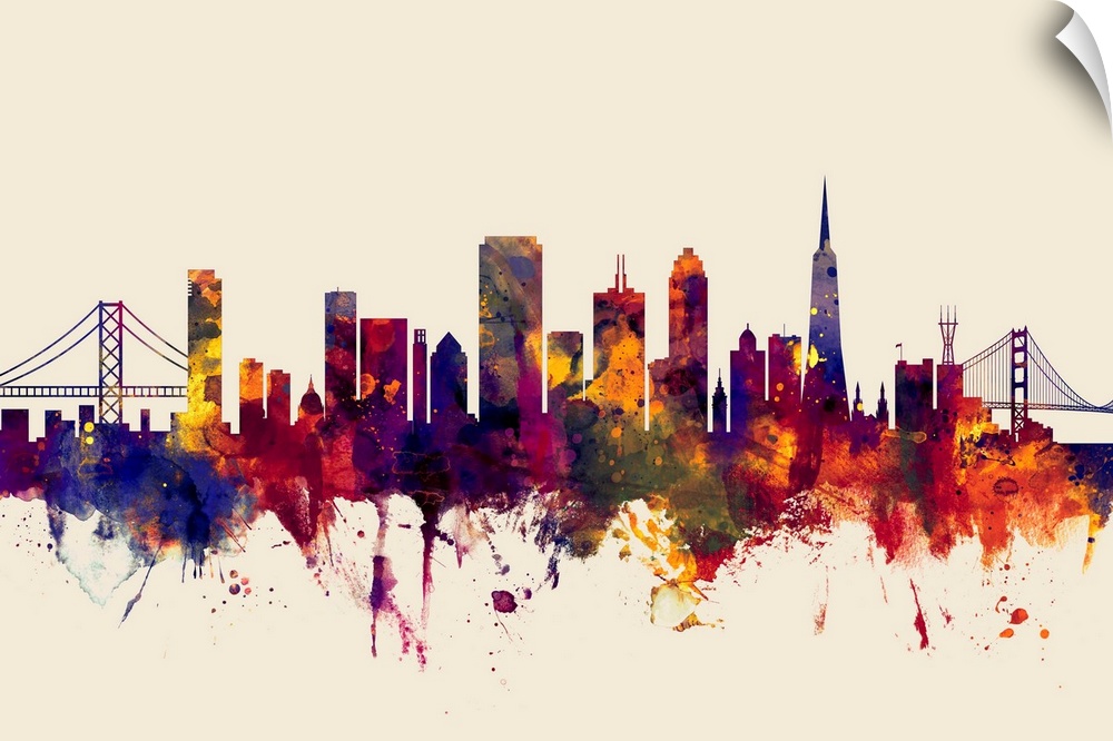 Watercolor art print of the skyline of San Francisco, California, United States.