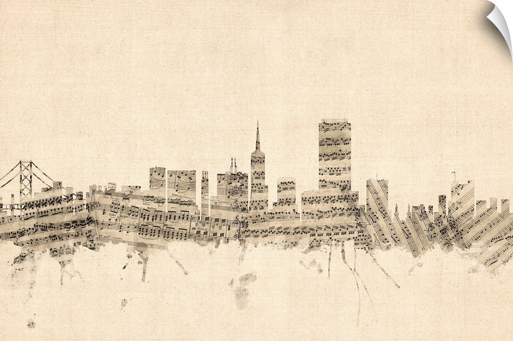 San Francisco skyline made of sheet music against a weathered beige background.