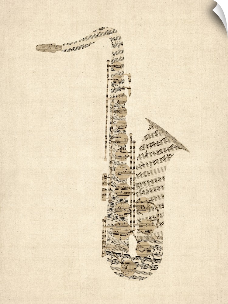 Saxophone created from a collage of old sheet music on a vintage background
