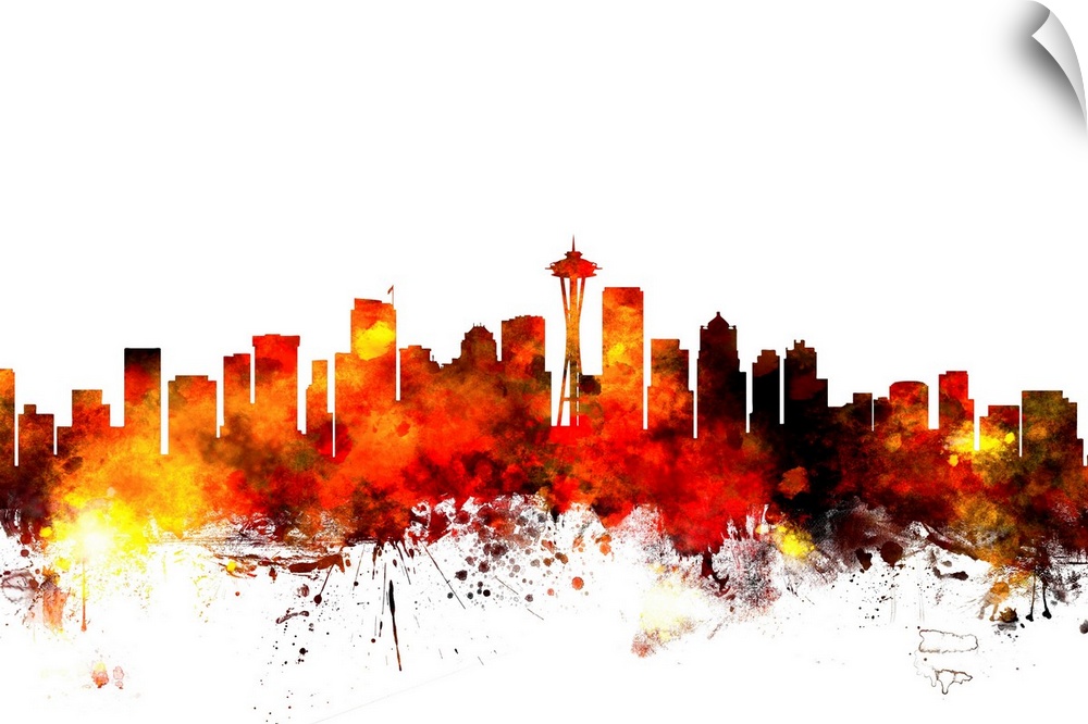 Contemporary piece of artwork of the Seattle skyline made of colorful paint splashes.