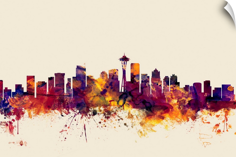 Watercolor artwork of the Seattle skyline against a beige background.