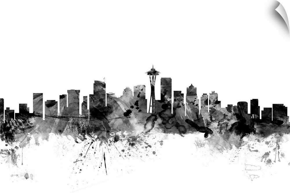 Contemporary artwork of the Seattle city skyline in black watercolor paint splashes.