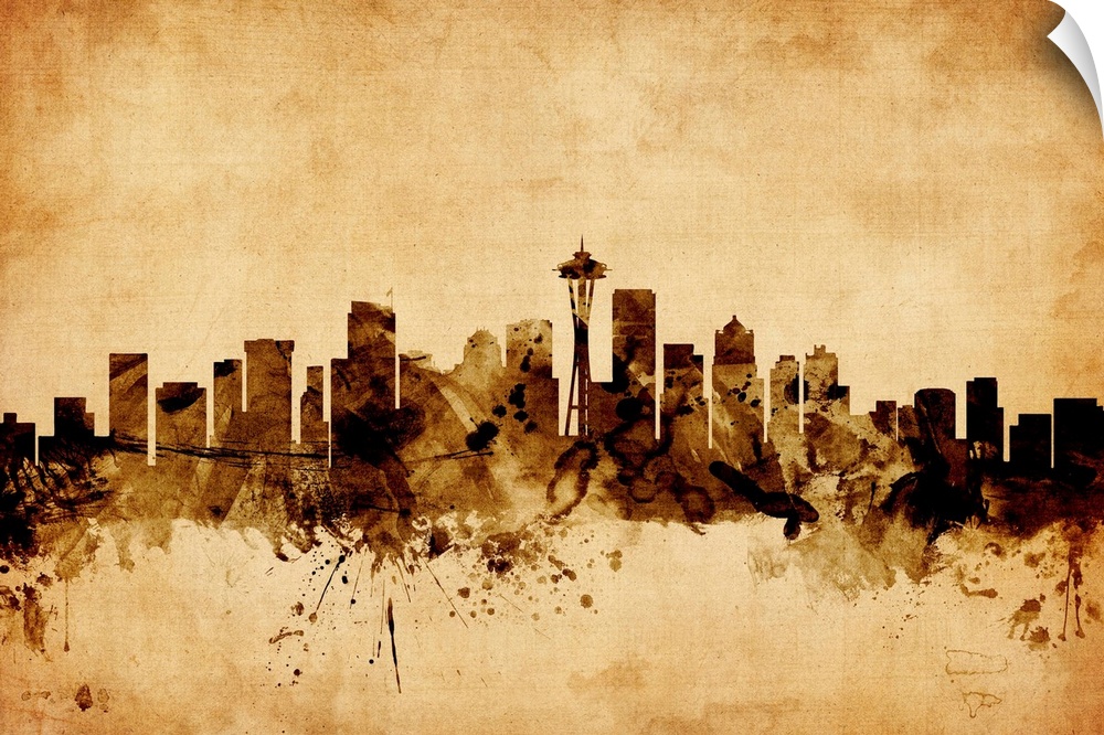 Contemporary artwork of the Seattle city skyline in a vintage distressed look.
