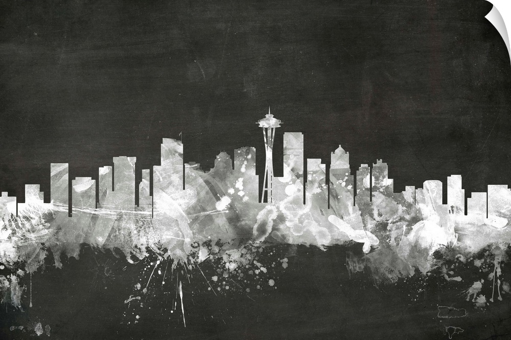Smokey dark watercolor silhouette of the Seattle city skyline against chalkboard background.