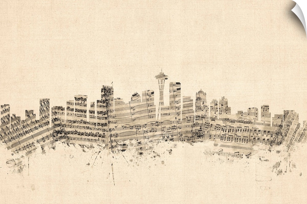 Seattle skyline made of sheet music against a weathered beige background.