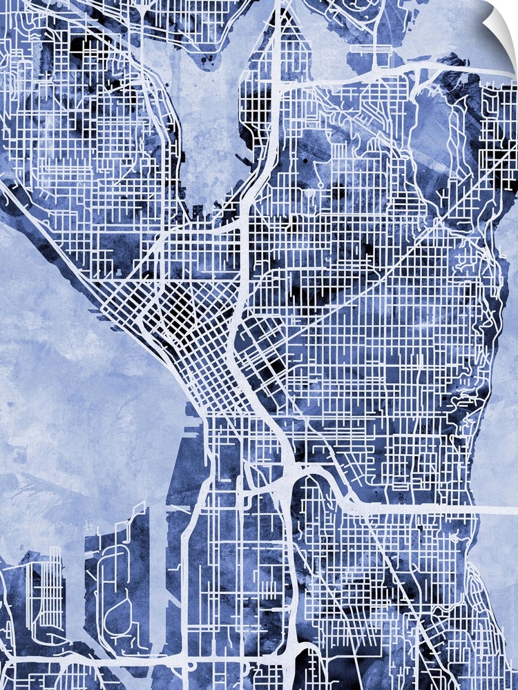 Contemporary watercolor city street map of Seattle.
