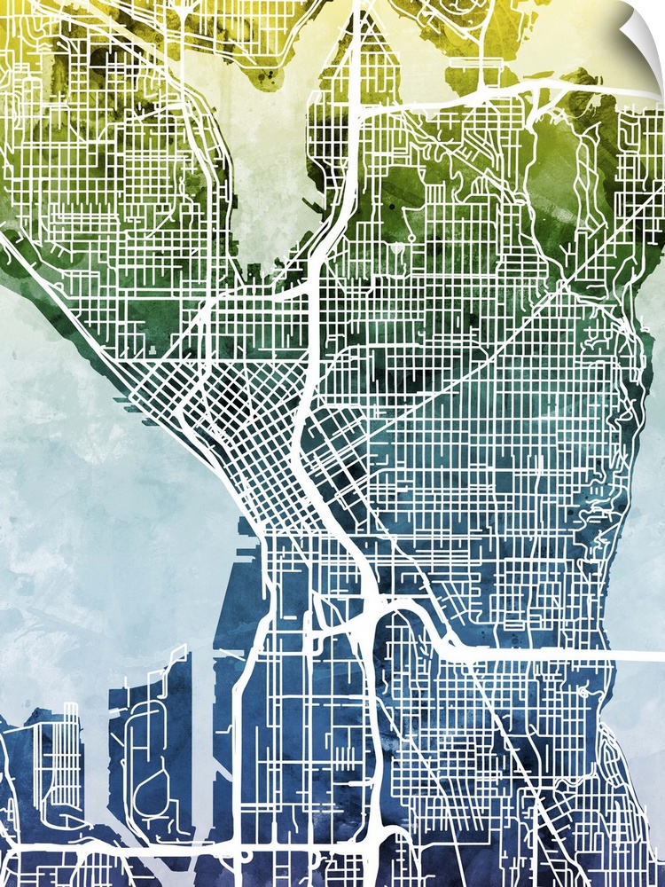 Contemporary watercolor city street map of Seattle.