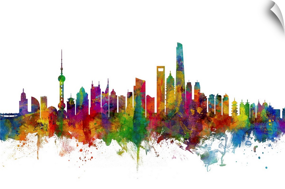 Watercolor art print of the skyline of Shanghai, China.