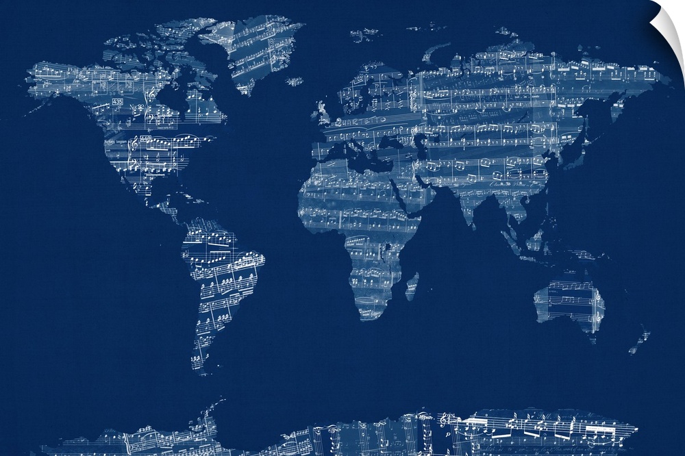 Artwork of the map of the world made sheets from a music book.