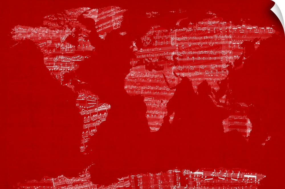 Decorative artwork of a world map where the land is filled in with music notes.