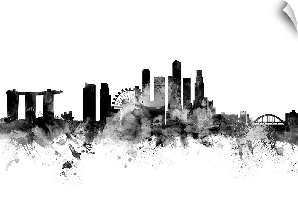 Contemporary artwork of the Singapore city skyline in black watercolor paint splashes.