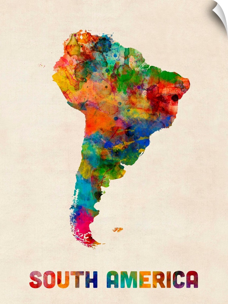 A watercolor map of South America.