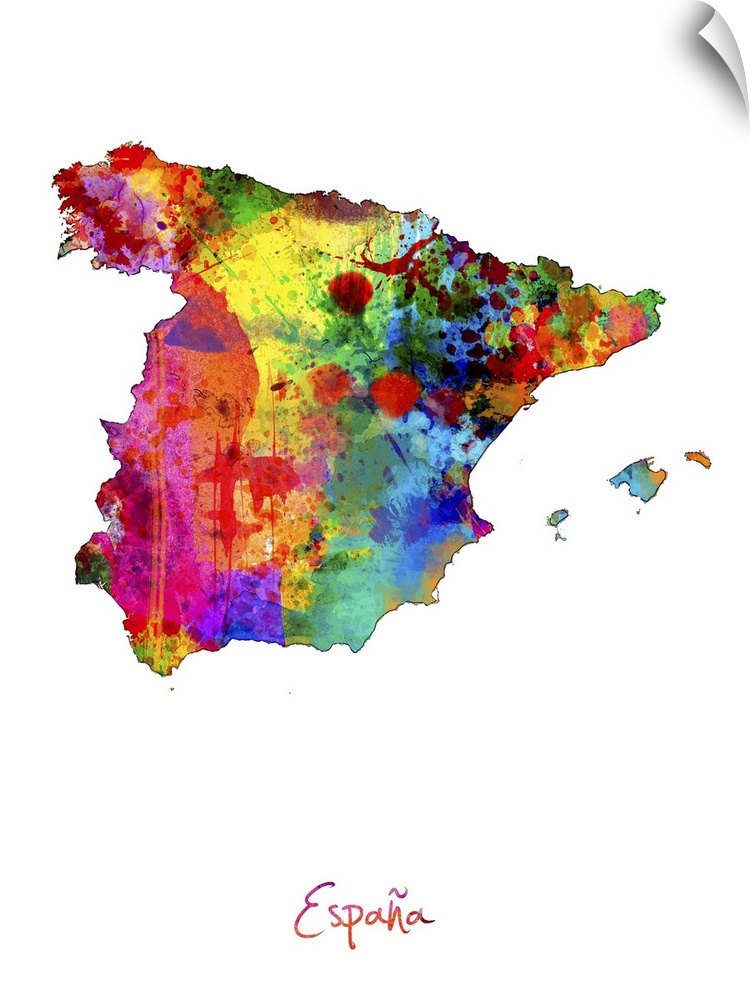 Watercolor art map of the country Spain against a white background.