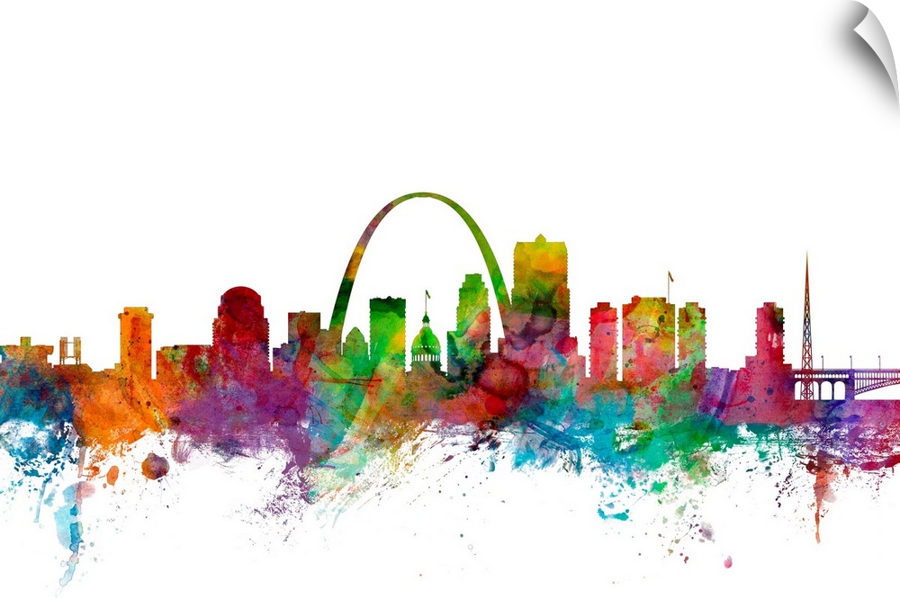 Watercolor artwork of the St Louis skyline against a white background.