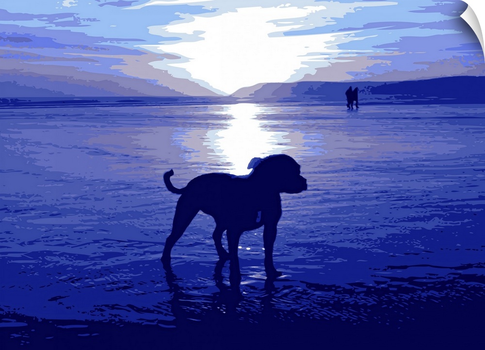 Staffordshire Bull Terrier Dog on beach, in blue. Pop Art Print.