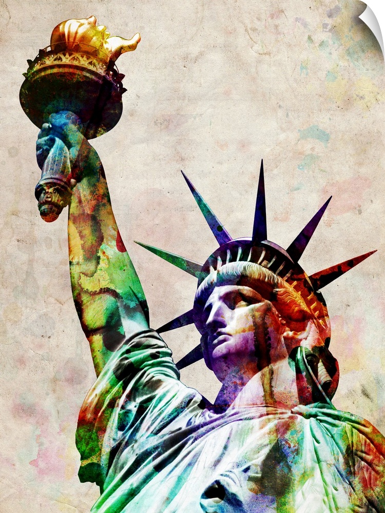 The statue of liberty is filled in with various water colors showing her from the chest up.