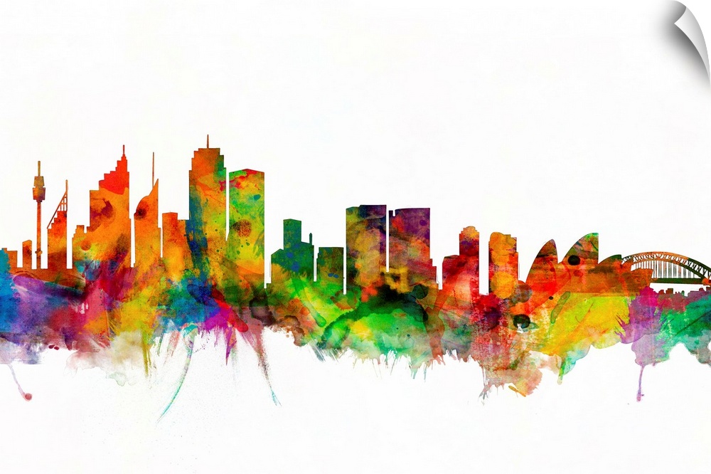 Watercolor artwork of the Sydney skyline against a white background.