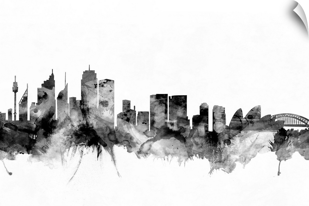 Contemporary artwork of the Sydney city skyline in black watercolor paint splashes.