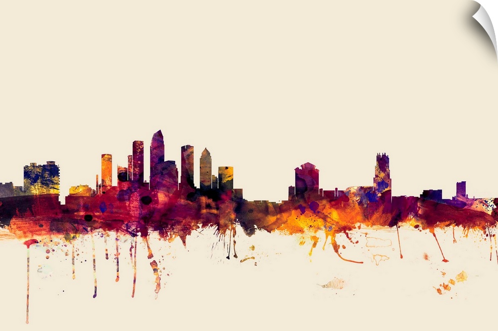 Dark watercolor splattered silhouette of the Tampa city skyline.