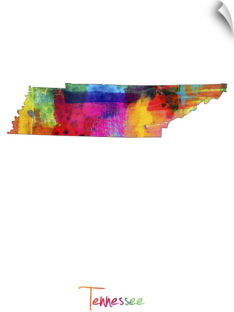 Contemporary artwork of a map of Tennessee made of colorful paint splashes.