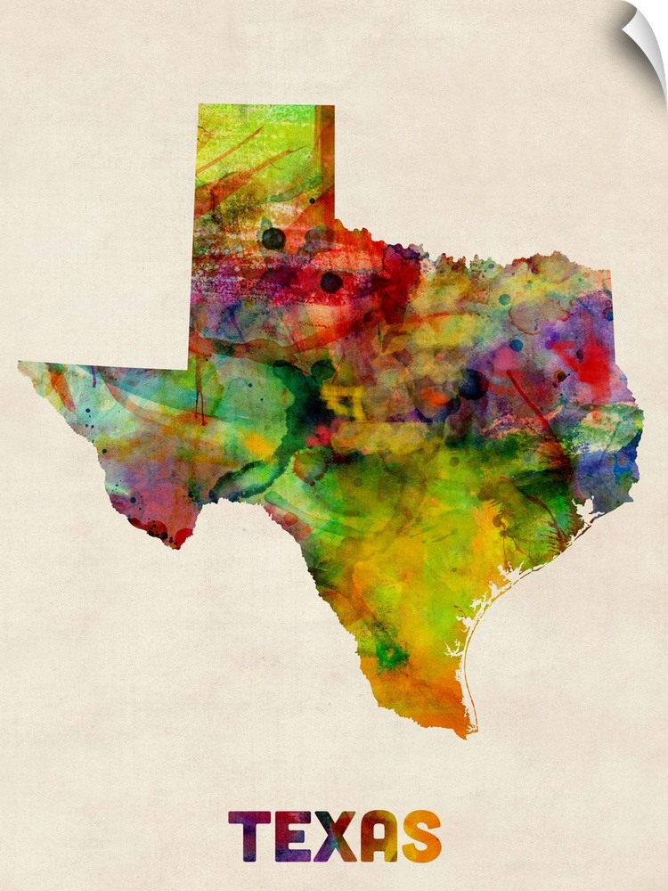 Contemporary piece of artwork of a map of Texas made up of watercolor splashes.