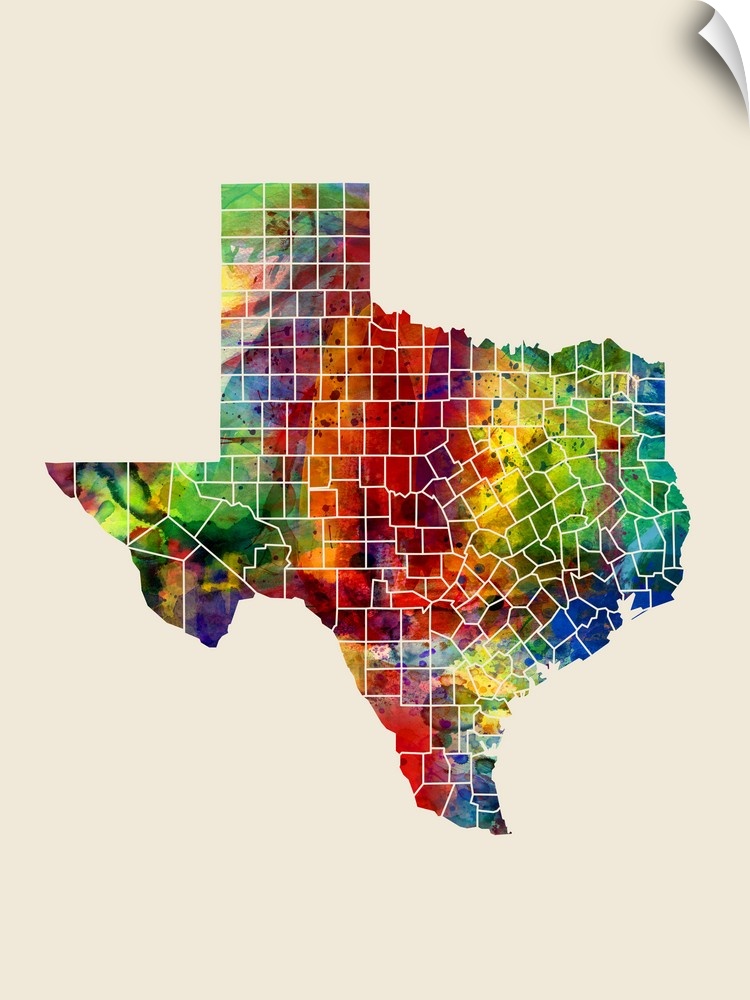 A watercolor map of Texas, United States, featuring country borders