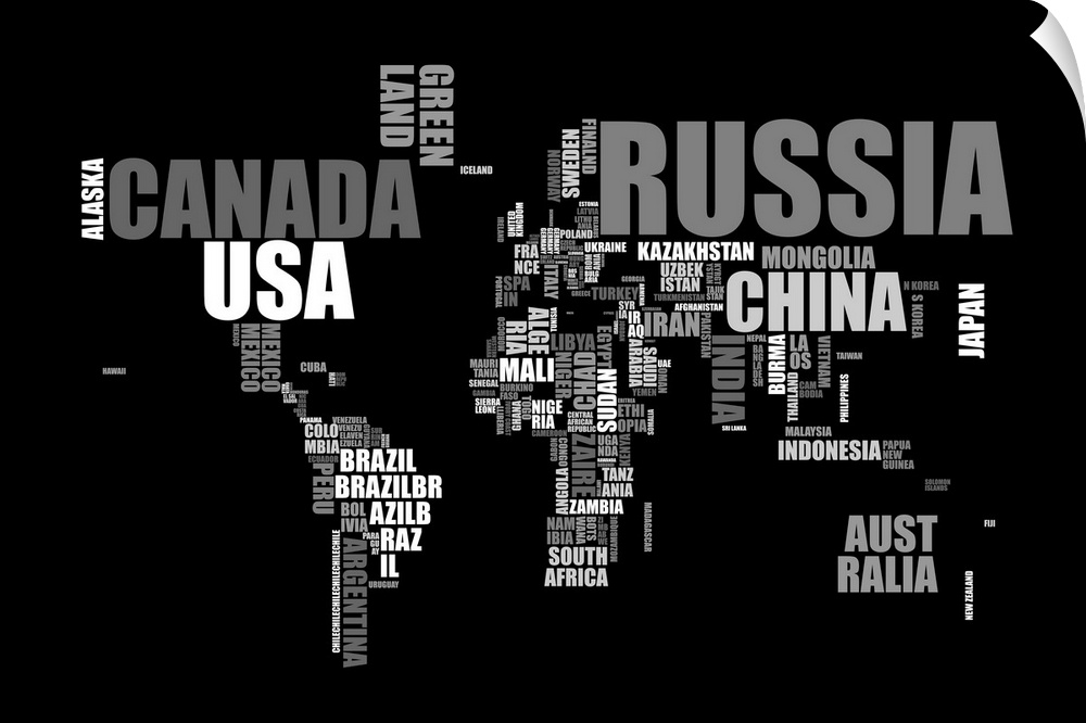 Huge, horizontal, typography canvas art of the world map made up of the names of each country. On a solid black background...