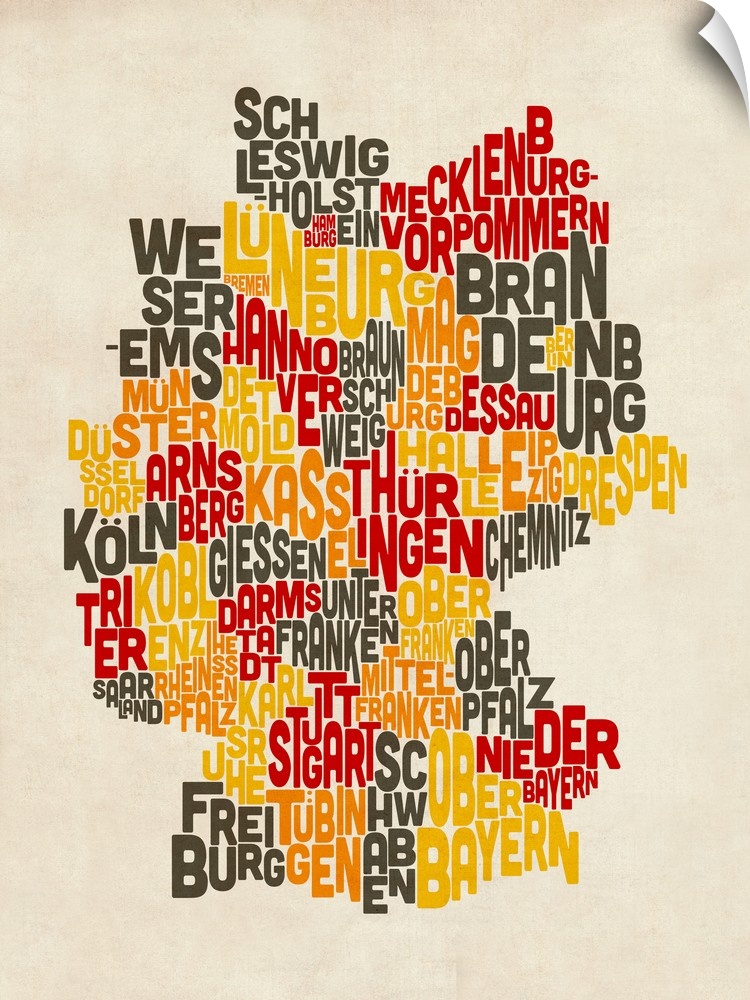 Typography art map of Germany against a weathered beige background.