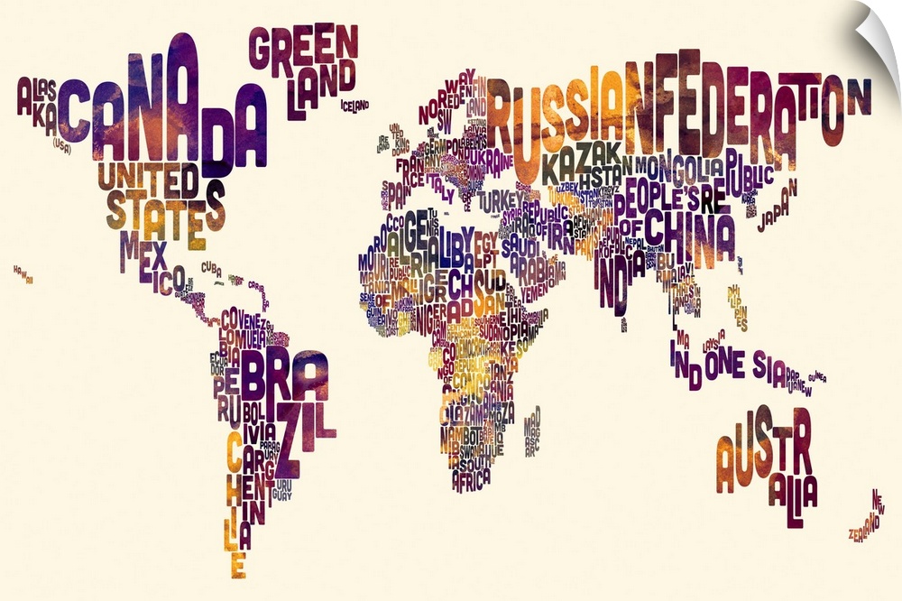 Contemporary typography world map artwork. The name of the country makes up its shape.