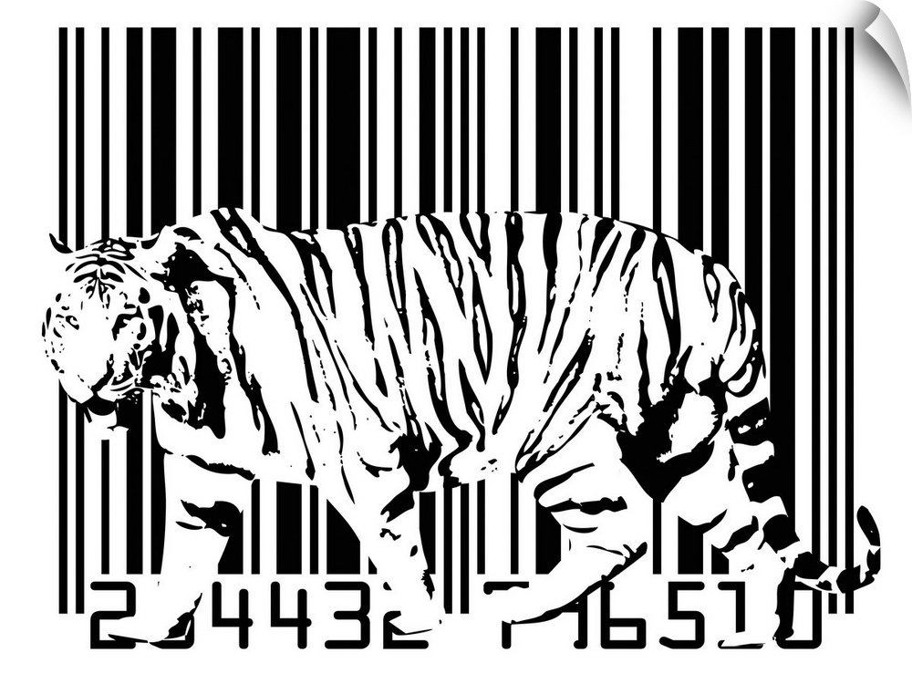 This abstract artwork is of a white tiger that blends in with a barcode just behind him.