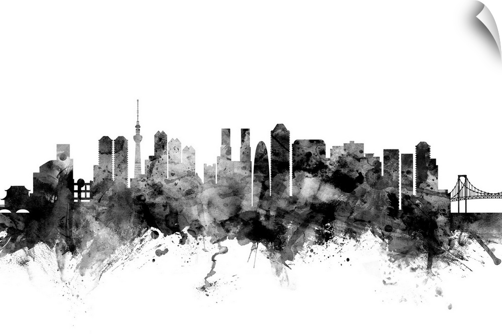 Contemporary artwork of the Tokyo city skyline in black watercolor paint splashes.