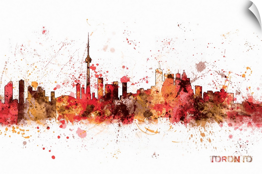 Contemporary piece of artwork of the Toronto skyline made of colorful paint splashes.