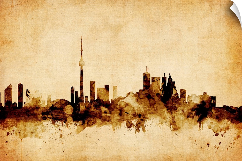 Contemporary artwork of the Toronto city skyline in a vintage distressed look.