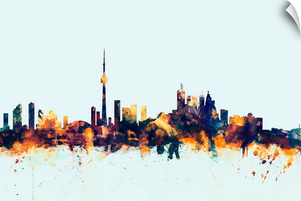 Dark watercolor silhouette of the Toronto city skyline against a light blue background.