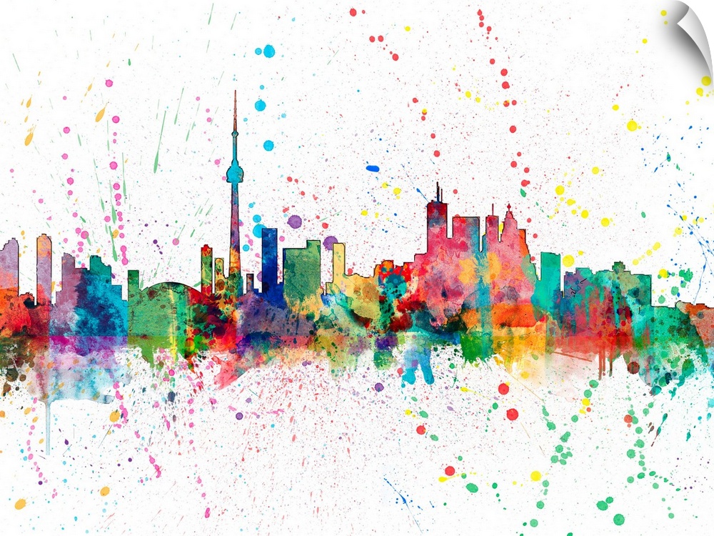 Wild and vibrant paint splatter silhouette of the Toronto skyline.
