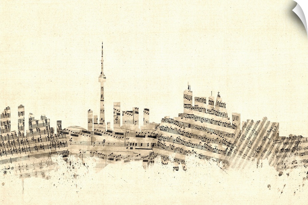 Toronto skyline made of sheet music against a weathered beige background.