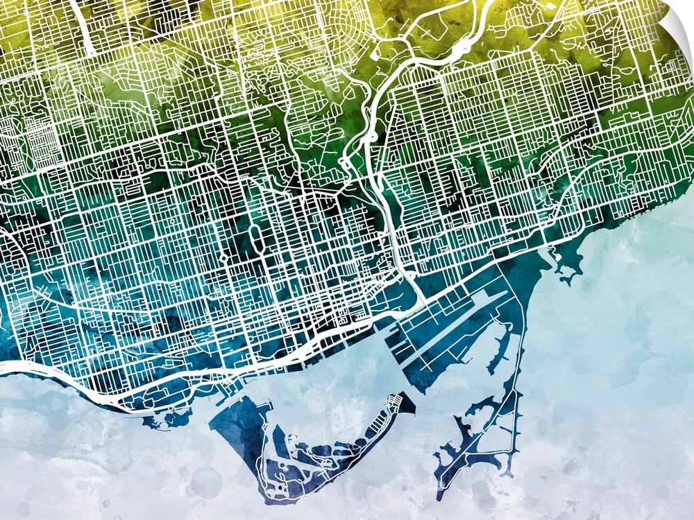 Contemporary watercolor city street map of Toronto.