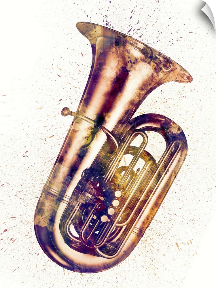 An abstract watercolor print of a Tuba.