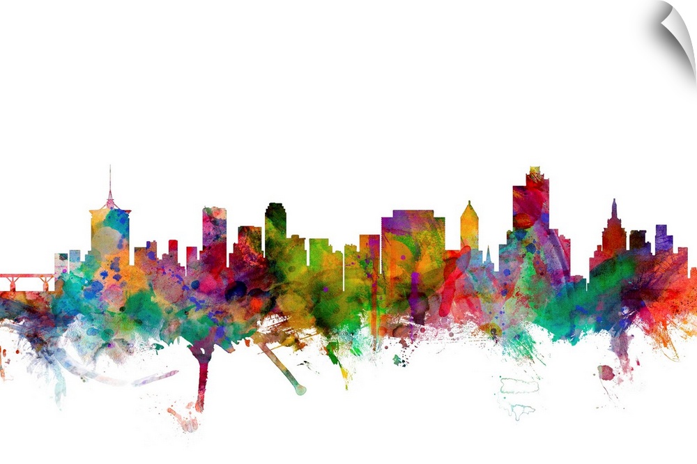 Watercolor artwork of the Tulsa skyline against a white background.