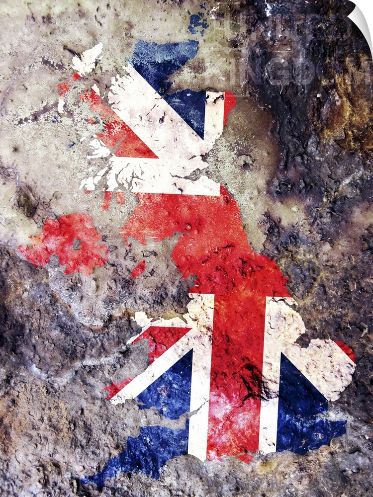 United Kingdom Union Jack Flag in shape of the United Kingdom in a grungy paint style.