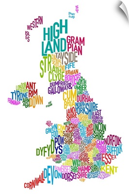 UK Map make up of County names - rainbow colors