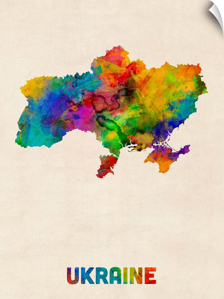 Colorful watercolor art map of Ukraine against a distressed background.